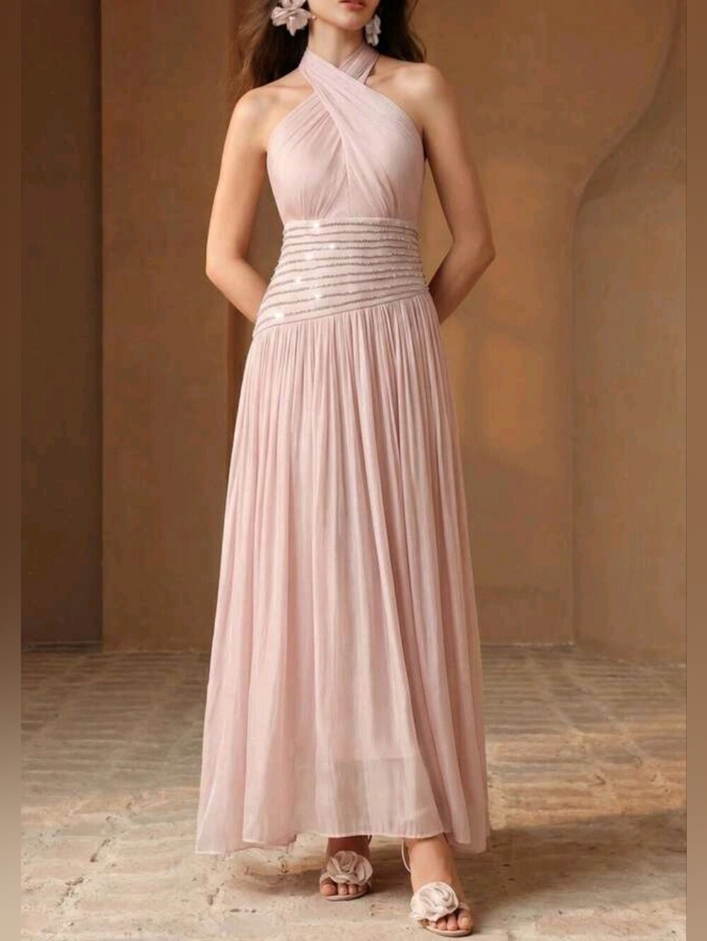 New Luxe Metallic Twist Halter Maxi Dress Rhinestone Asymmetrical Pink